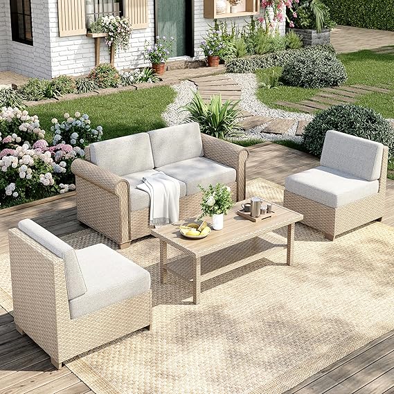 5 Piece Outdoor Rattan Wicker Sectional Sofa Set with Coffee Table