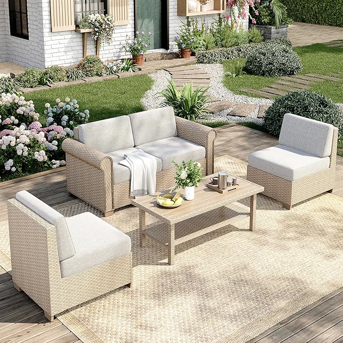 8 Piece Outdoor Rattan Wicker Sectional Conversation Set with Waterproof Cushions