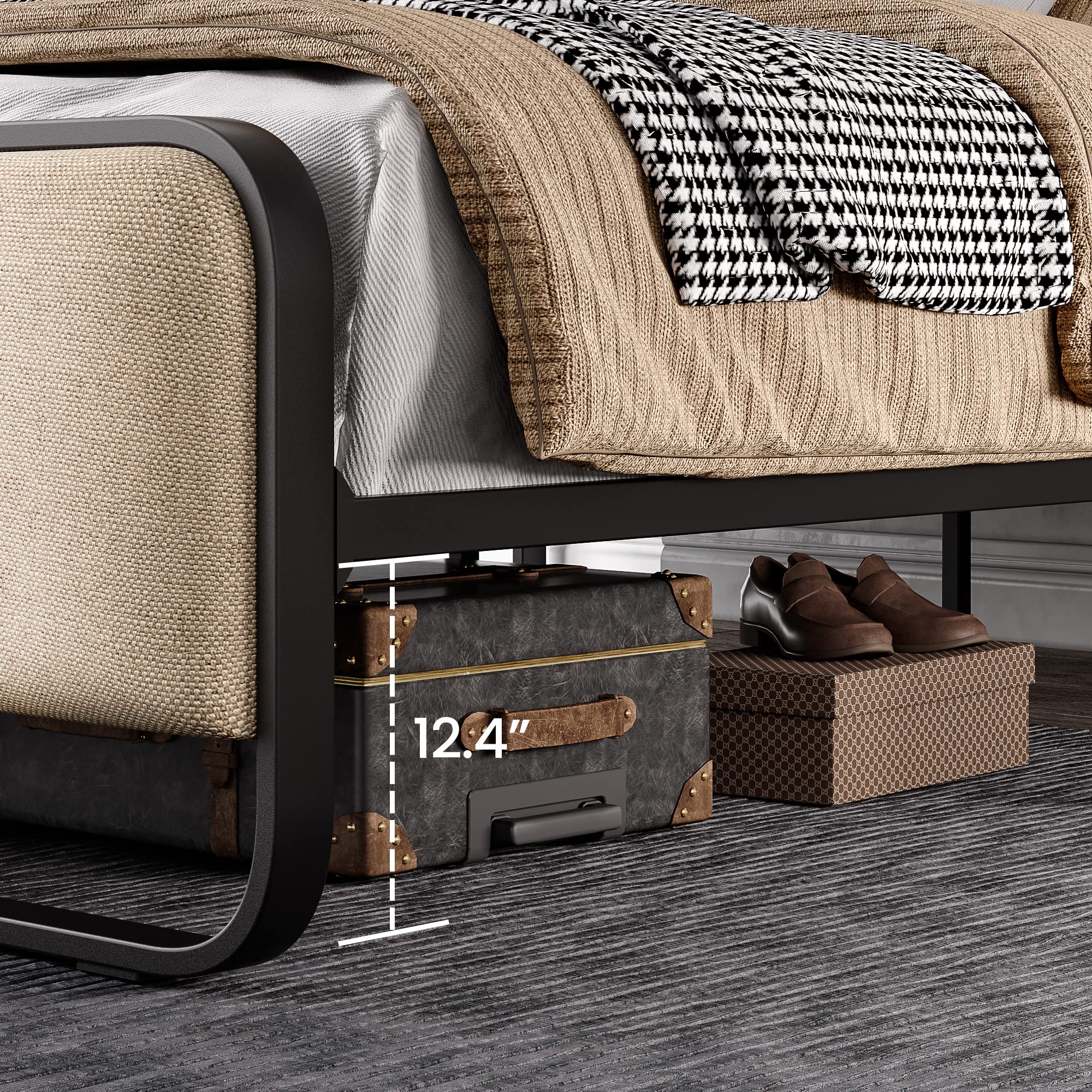 Queen Platform Metal Bed Frame with Curved Upholstered Headboard