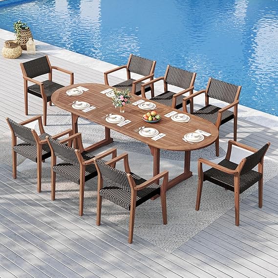 9-Piece Expandable Patio Dining Set with Acacia Wood Table and Rattan Chairs