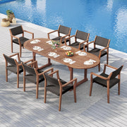 9-Piece Expandable Patio Dining Set with Acacia Wood Table and Rattan Chairs