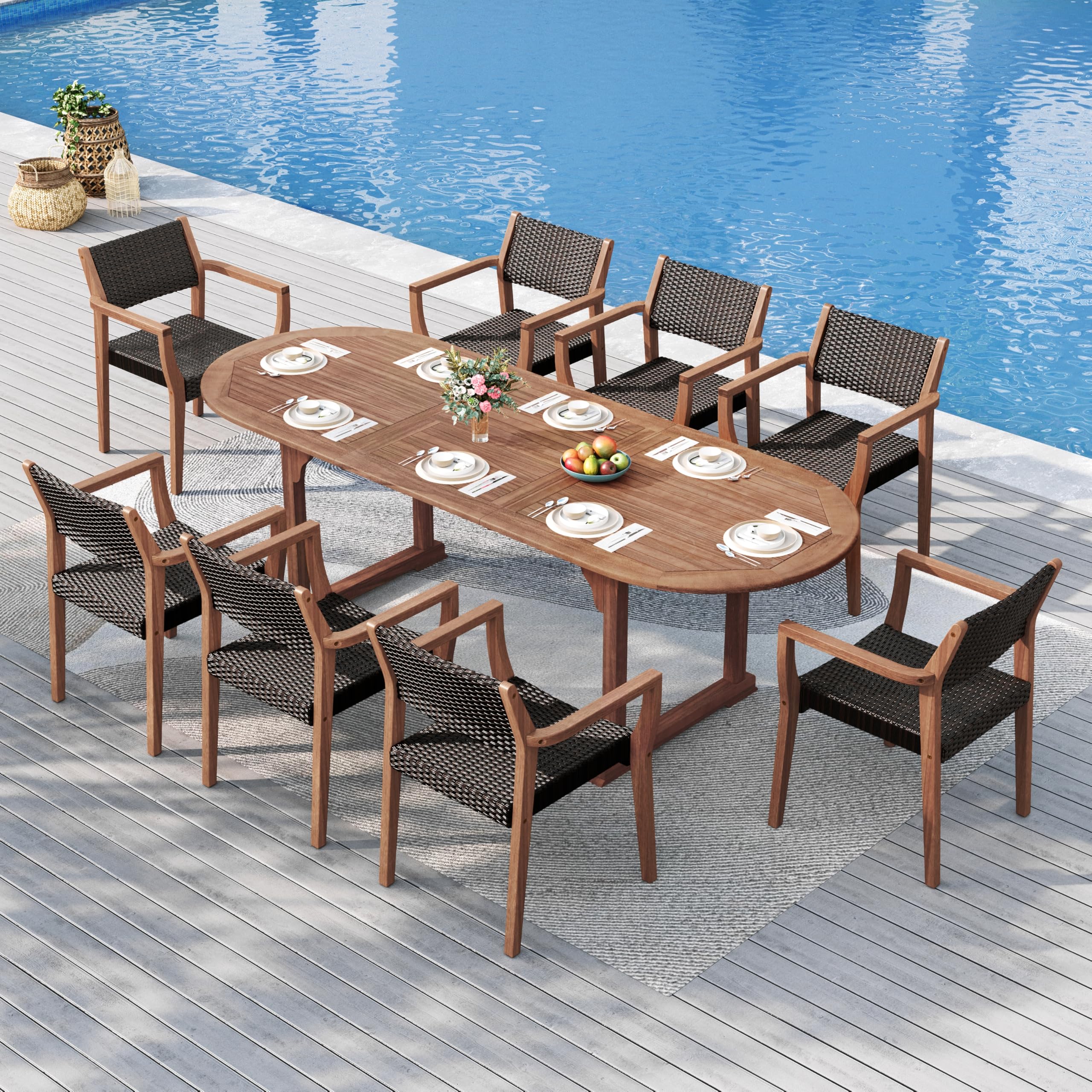 9-Piece Expandable Patio Dining Set with Acacia Wood Table and Rattan Chairs
