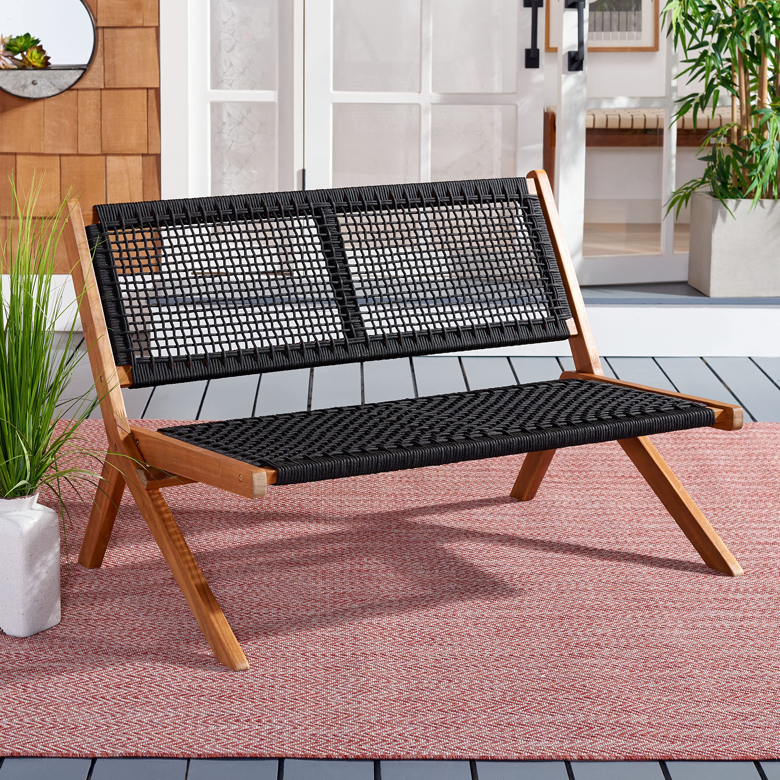 Foldable Outdoor Bench Natural Acacia Wood Black Rope