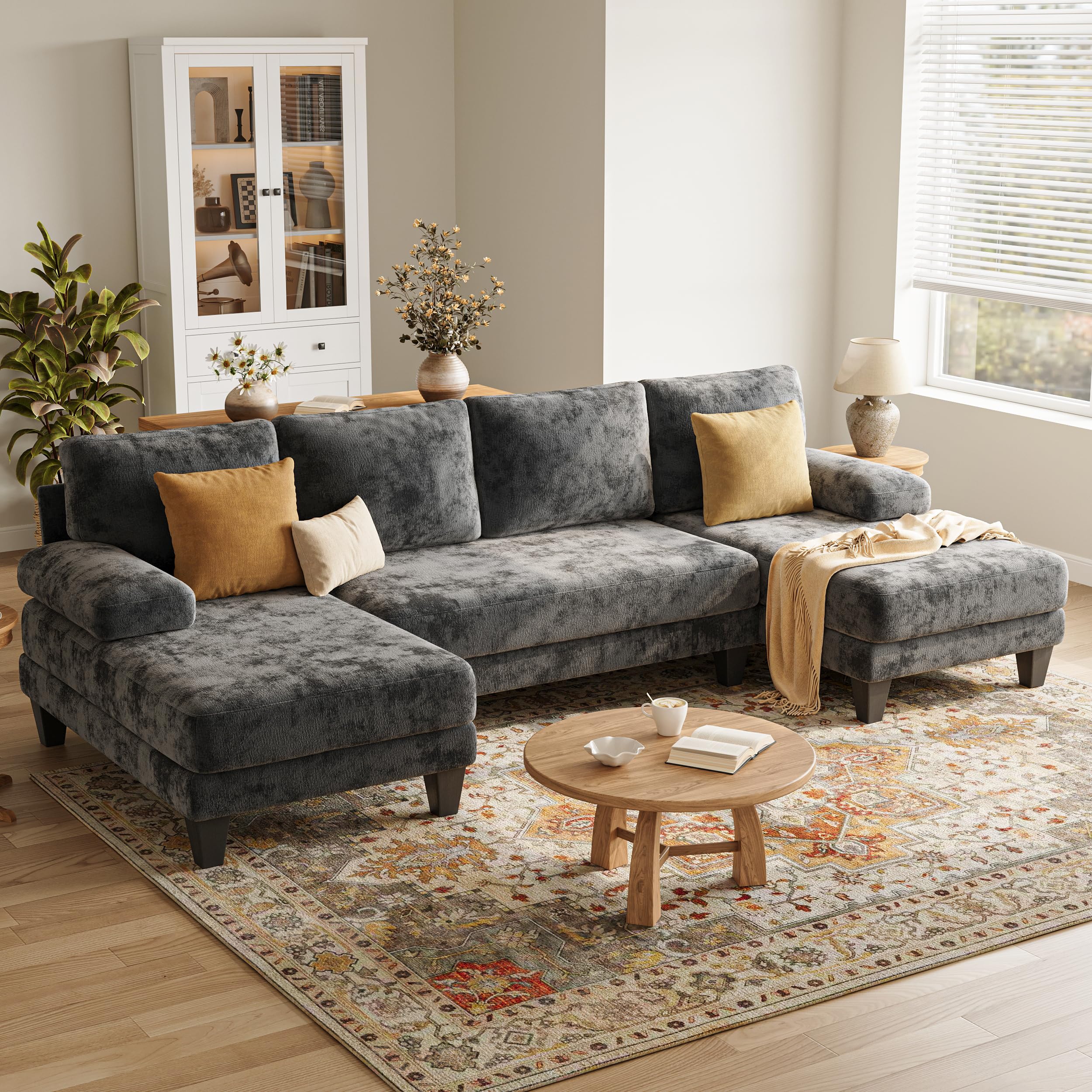 U-Shaped Sectional Couch 112 Inch Dark Grey Chenille Sofa with Double Chaise