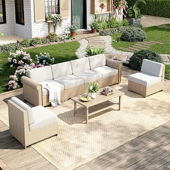 5 Piece Outdoor Rattan Wicker Sectional Sofa Set with Coffee Table
