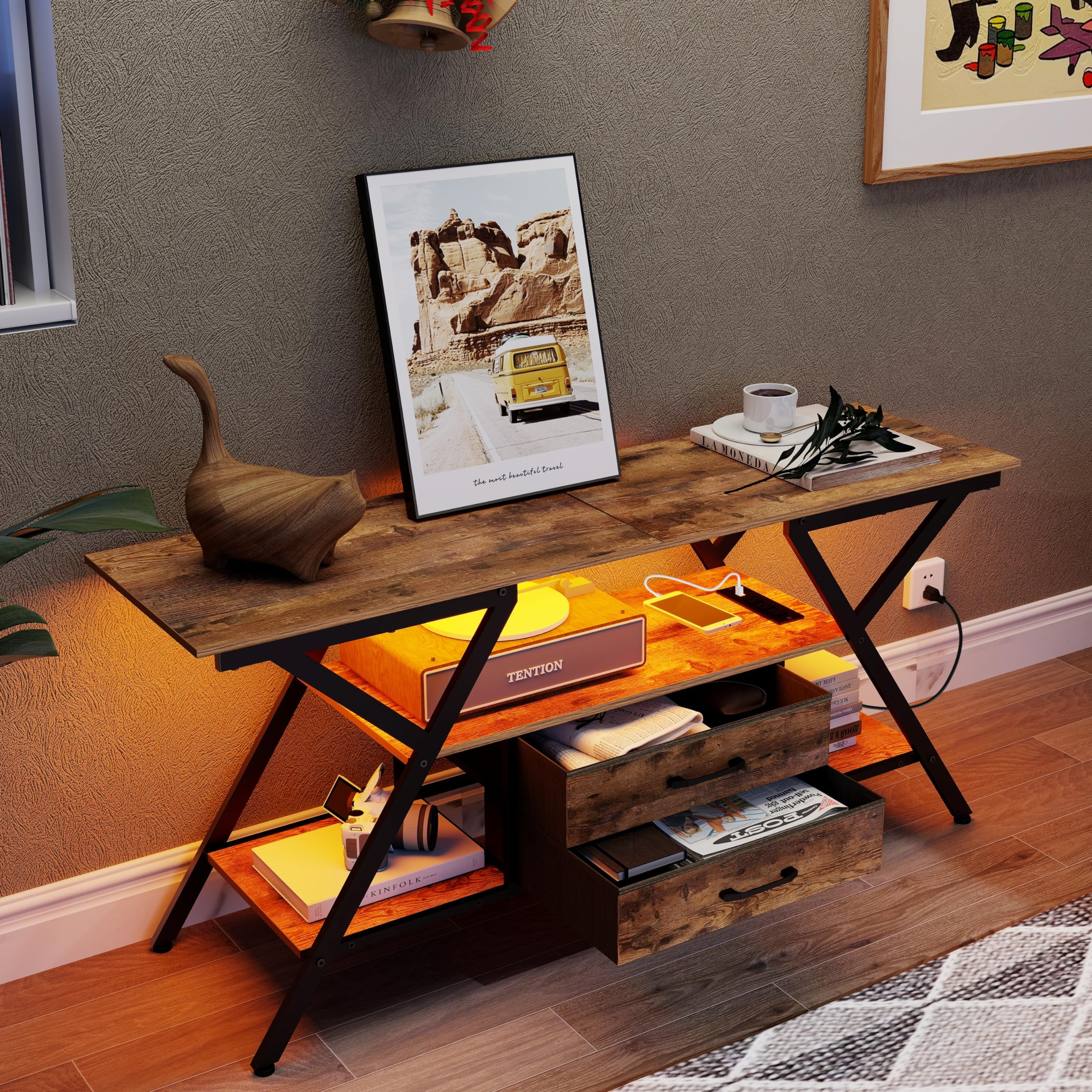 TV Stand with Power Outlet and LED Lights for 65 Inch TVs