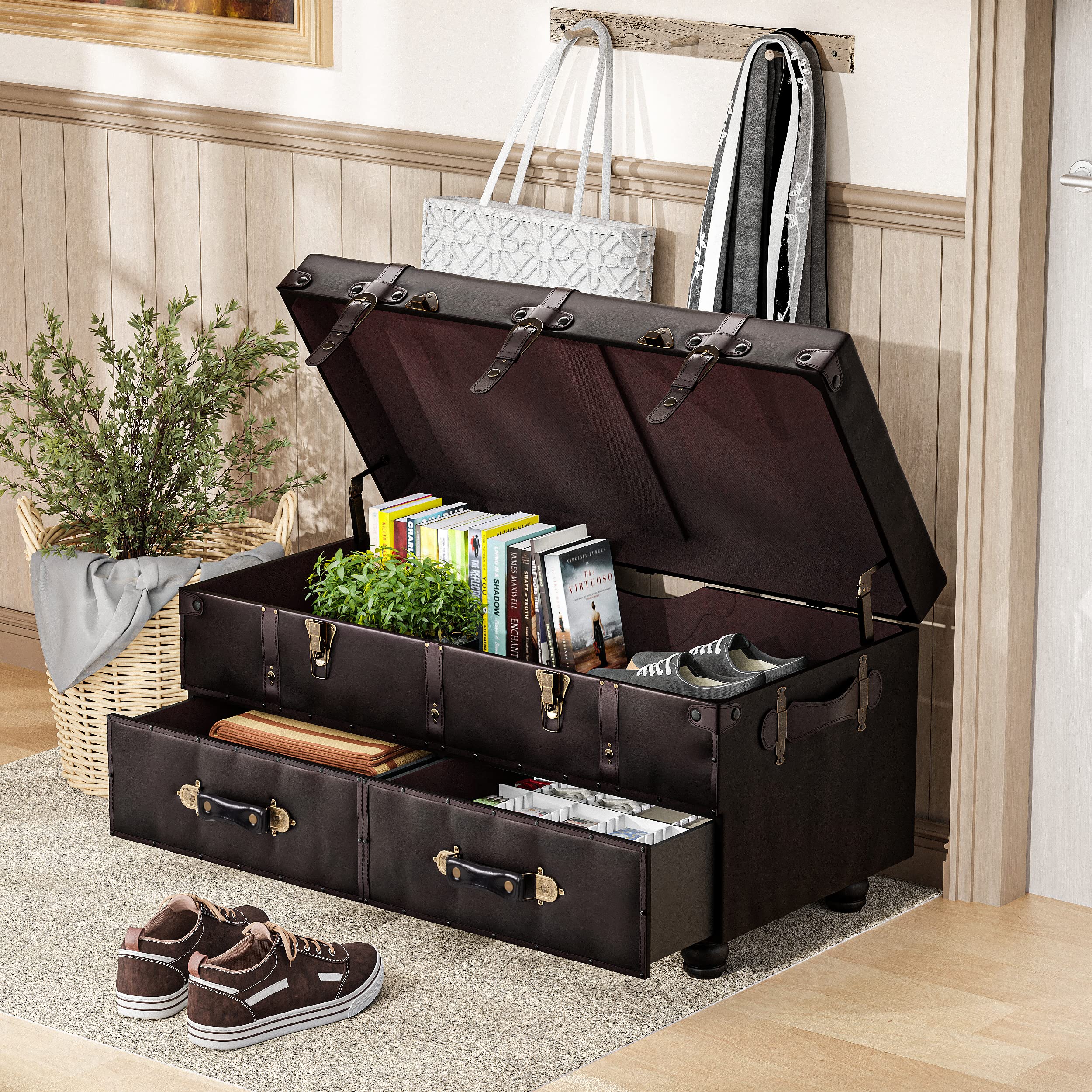 Vintage Storage Ottoman Bench with Buckle Closure