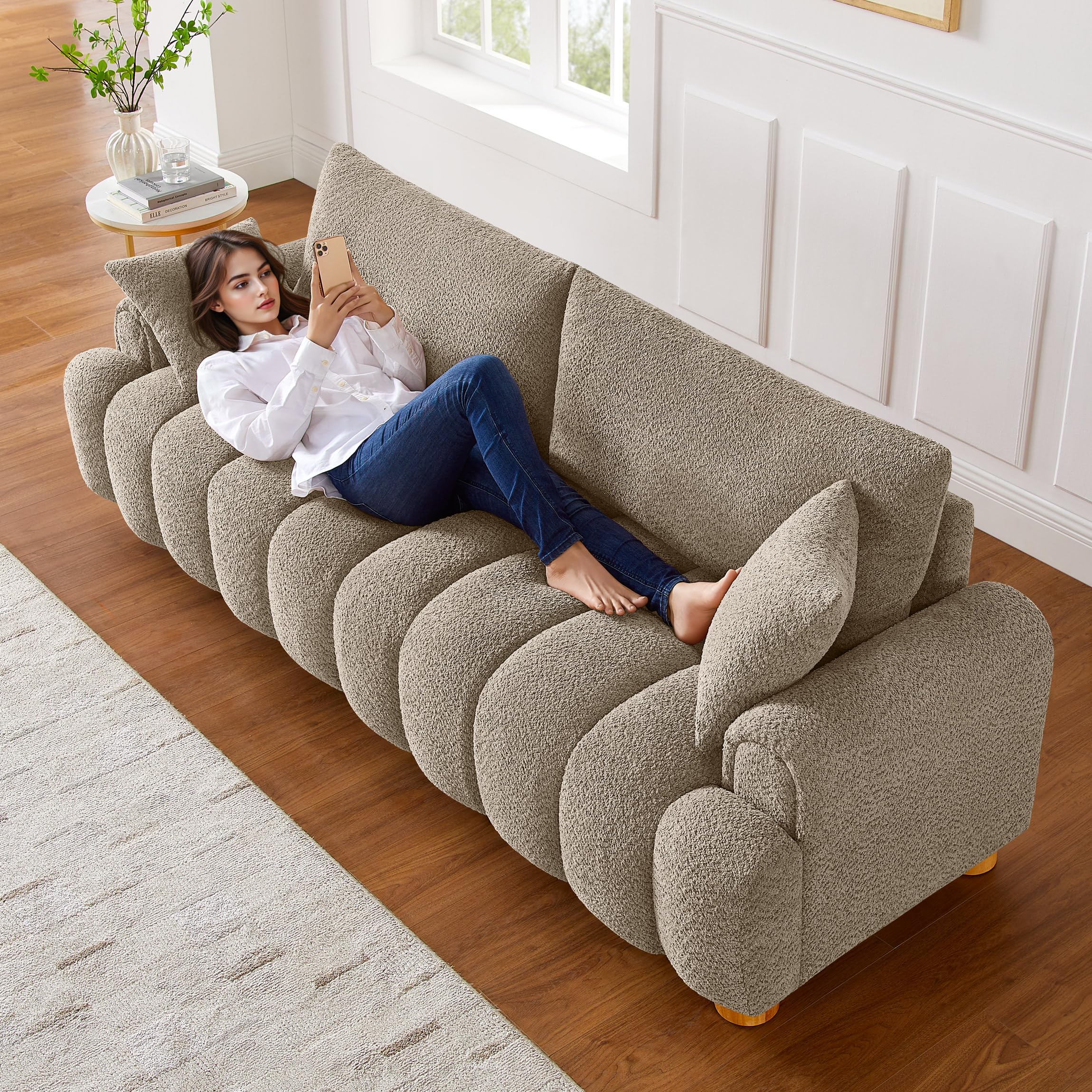 VANOMi Boucle Sofa Couch, 91" Comfy Tufted Upholstered Cloud Couches, Modern 3 Seater Sofa with Pillows, Oversized Deep Seat Sherpa Couch for Living Room, Bedroom, Apartment (Camel Color)