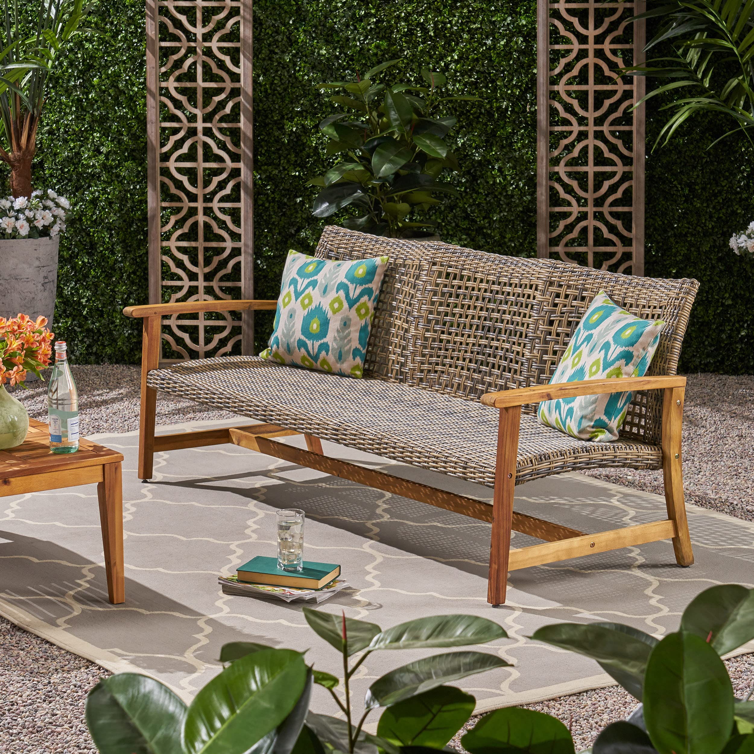 Outdoor Wicker Sofa with Acacia Wood Frame