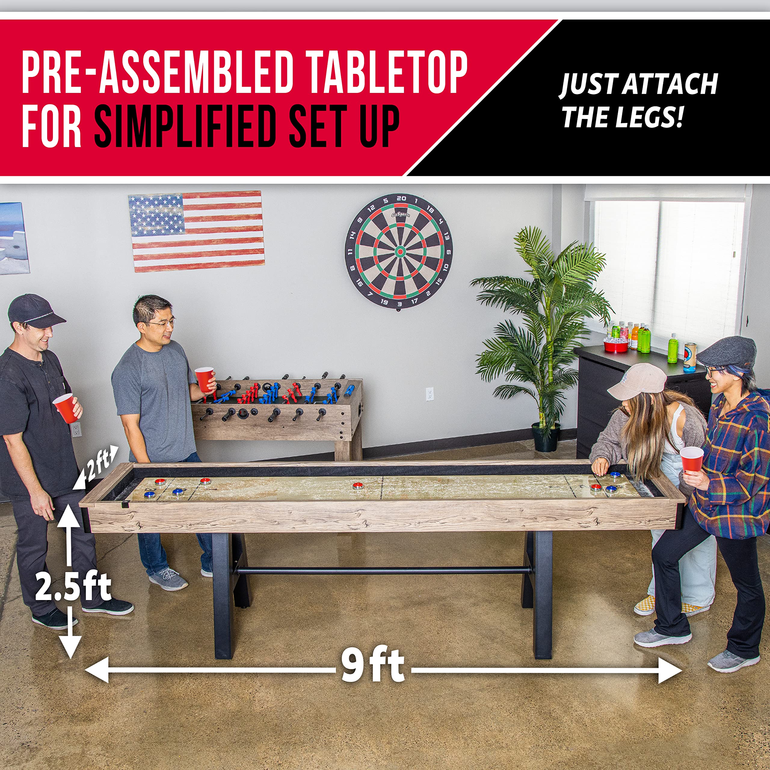9 ft Shuffleboard Table with Pucks and Accessories