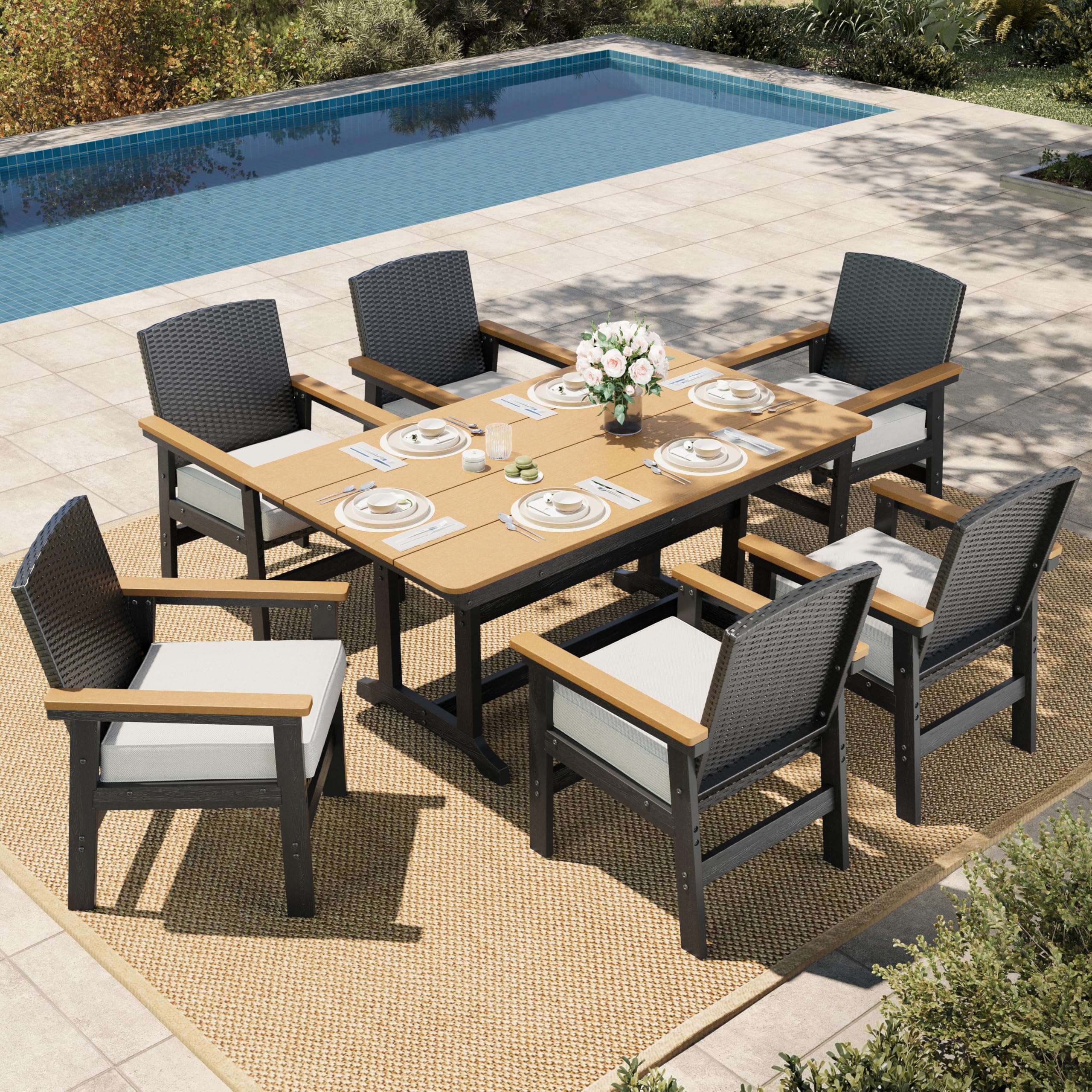7-Piece Patio Dining Set with HDPE Table and Wicker Chairs