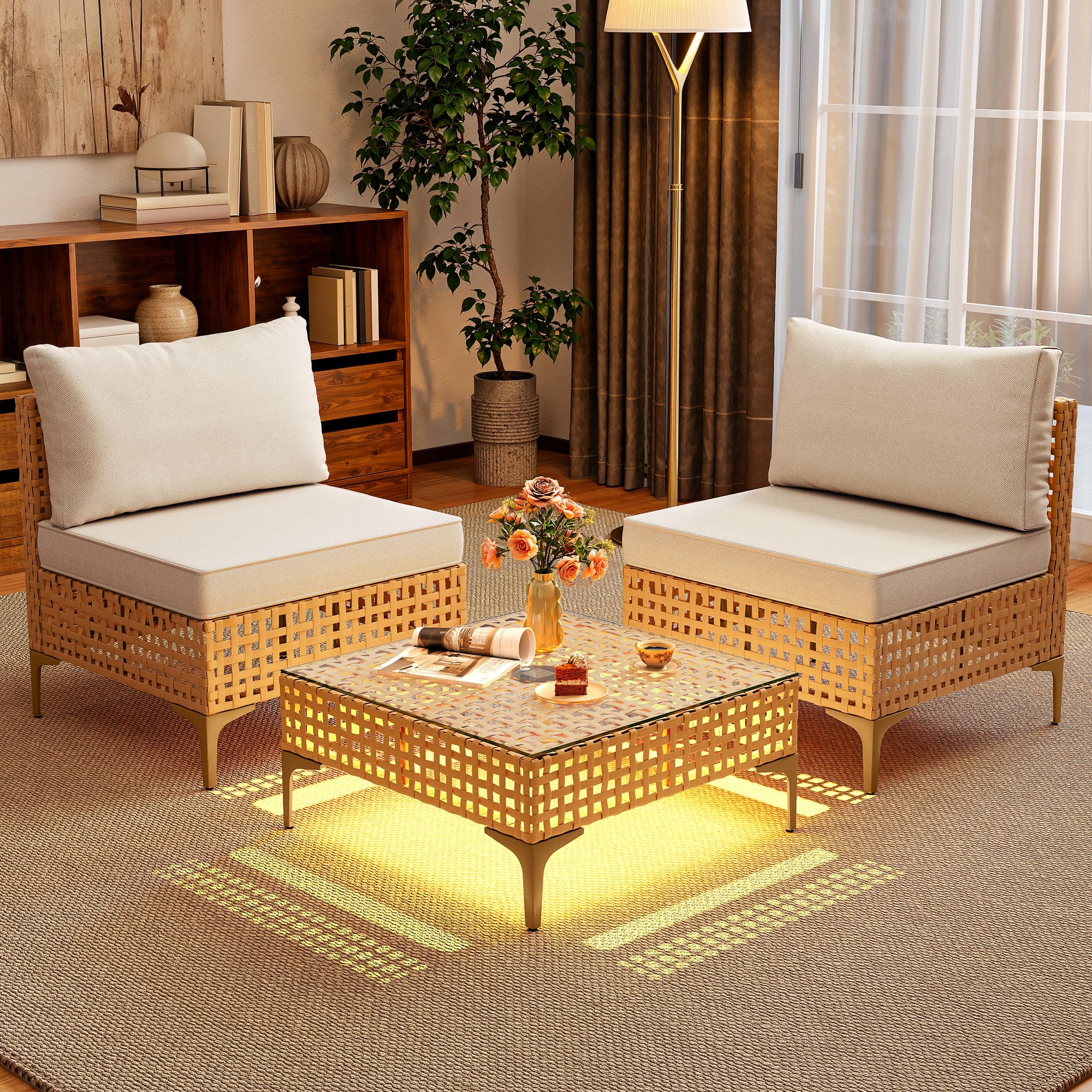 3-Piece Wicker Patio Furniture Set with Solar Light Table