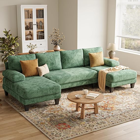 U-Shaped Sectional Couch 112 Inch Dark Grey Chenille Sofa with Double Chaise