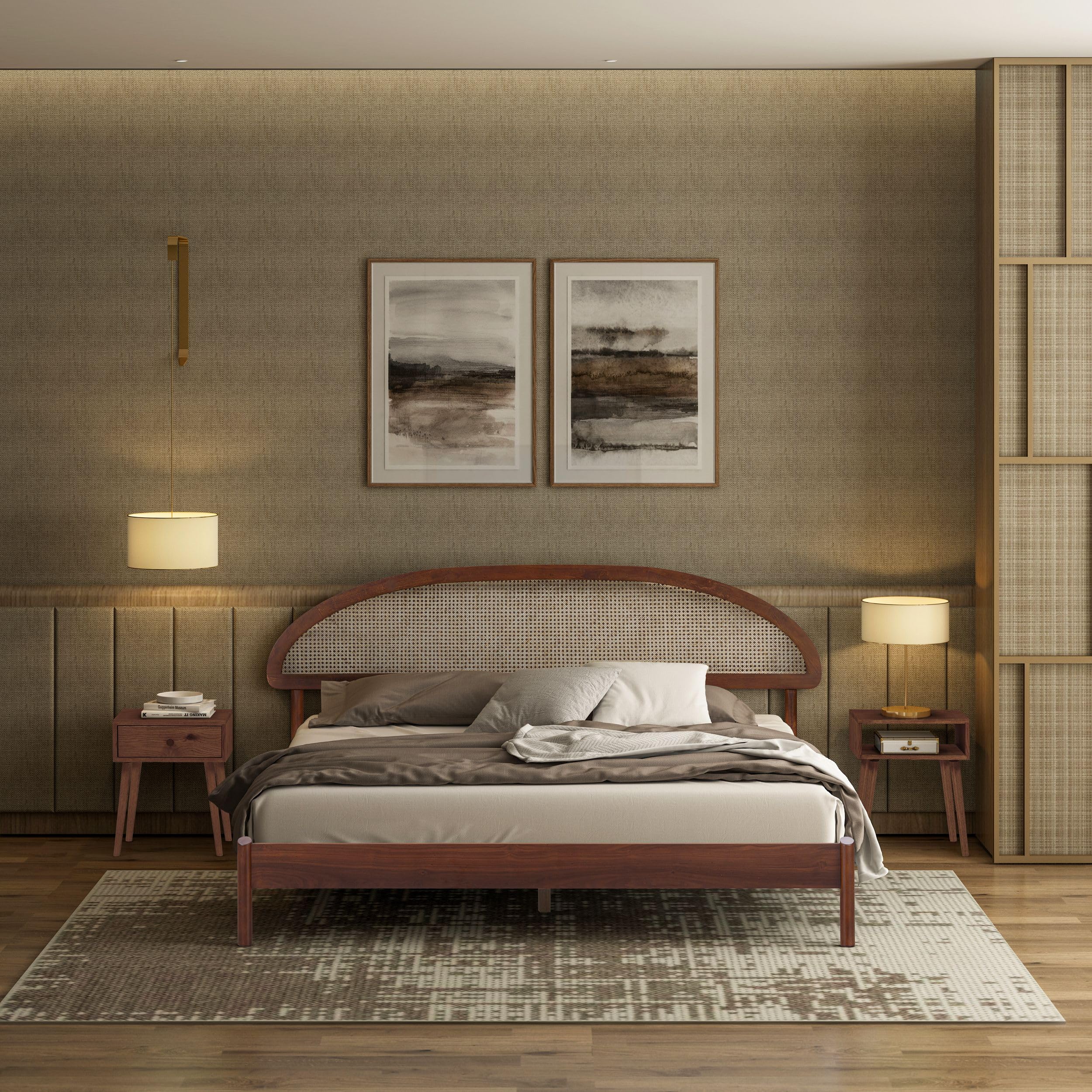 Wooden Bed Frame with Headboard and Natural Rattan King