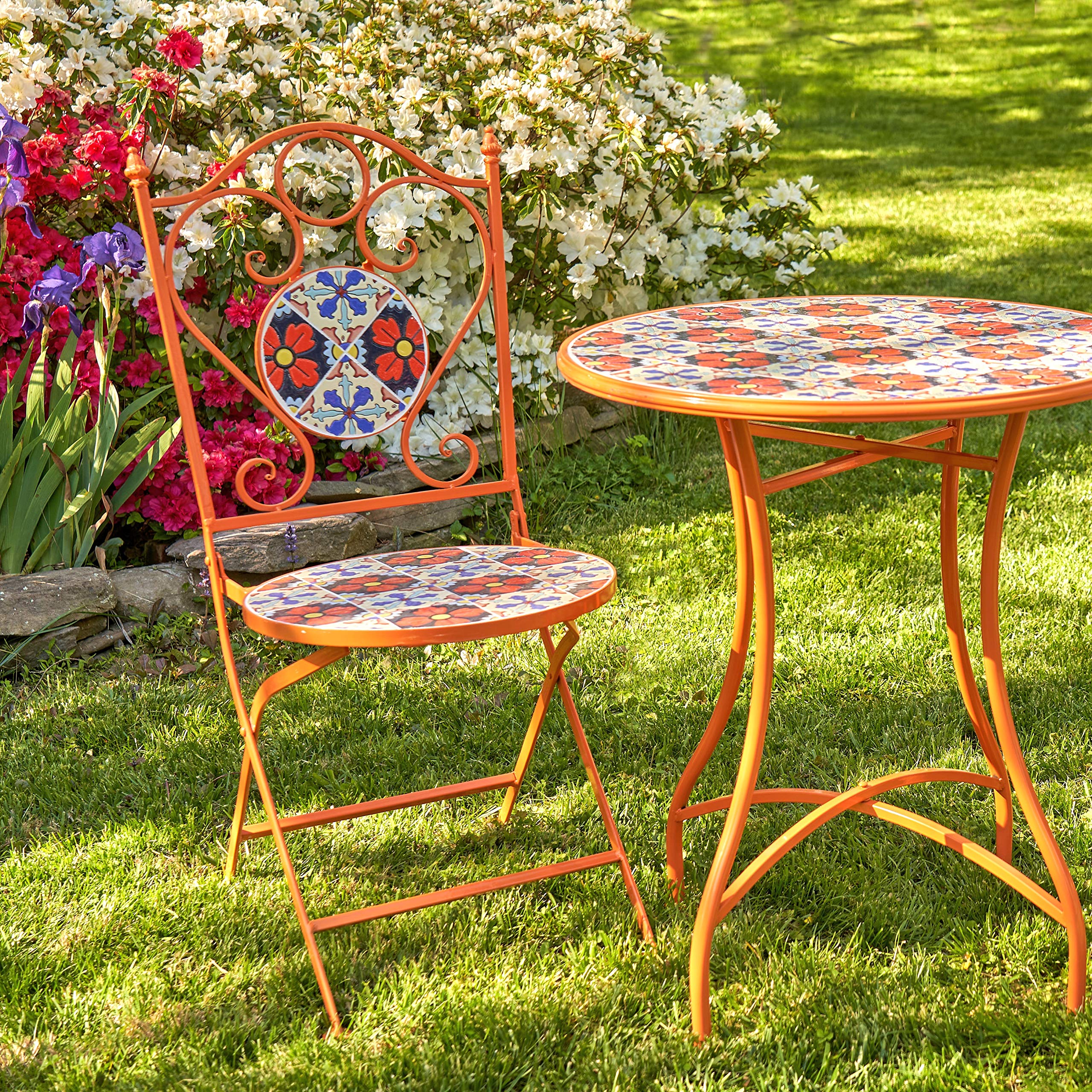 Mosaic Tile Bistro Set with Folding Chairs