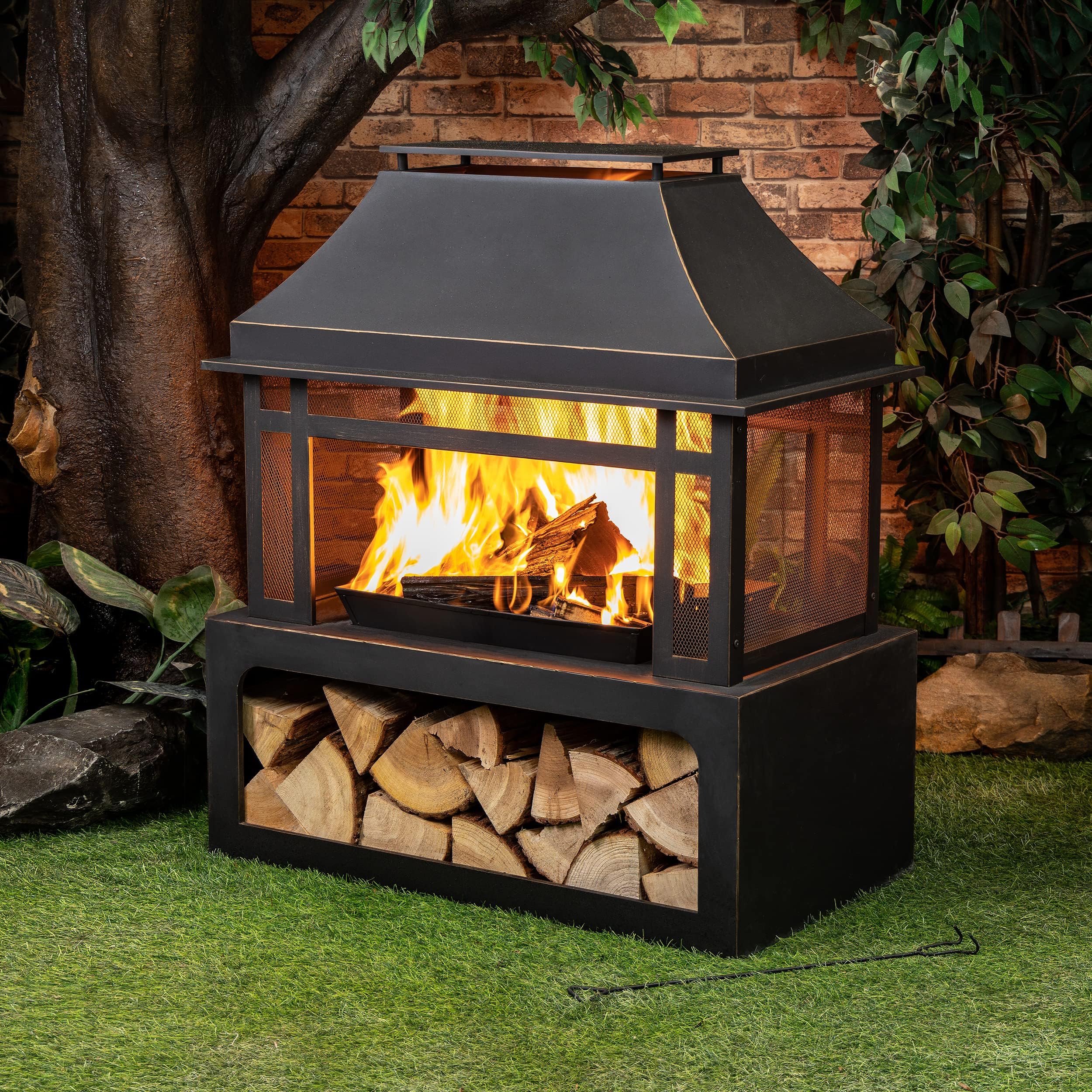 Outdoor Wood Burning Fireplace with Chimney and Grill