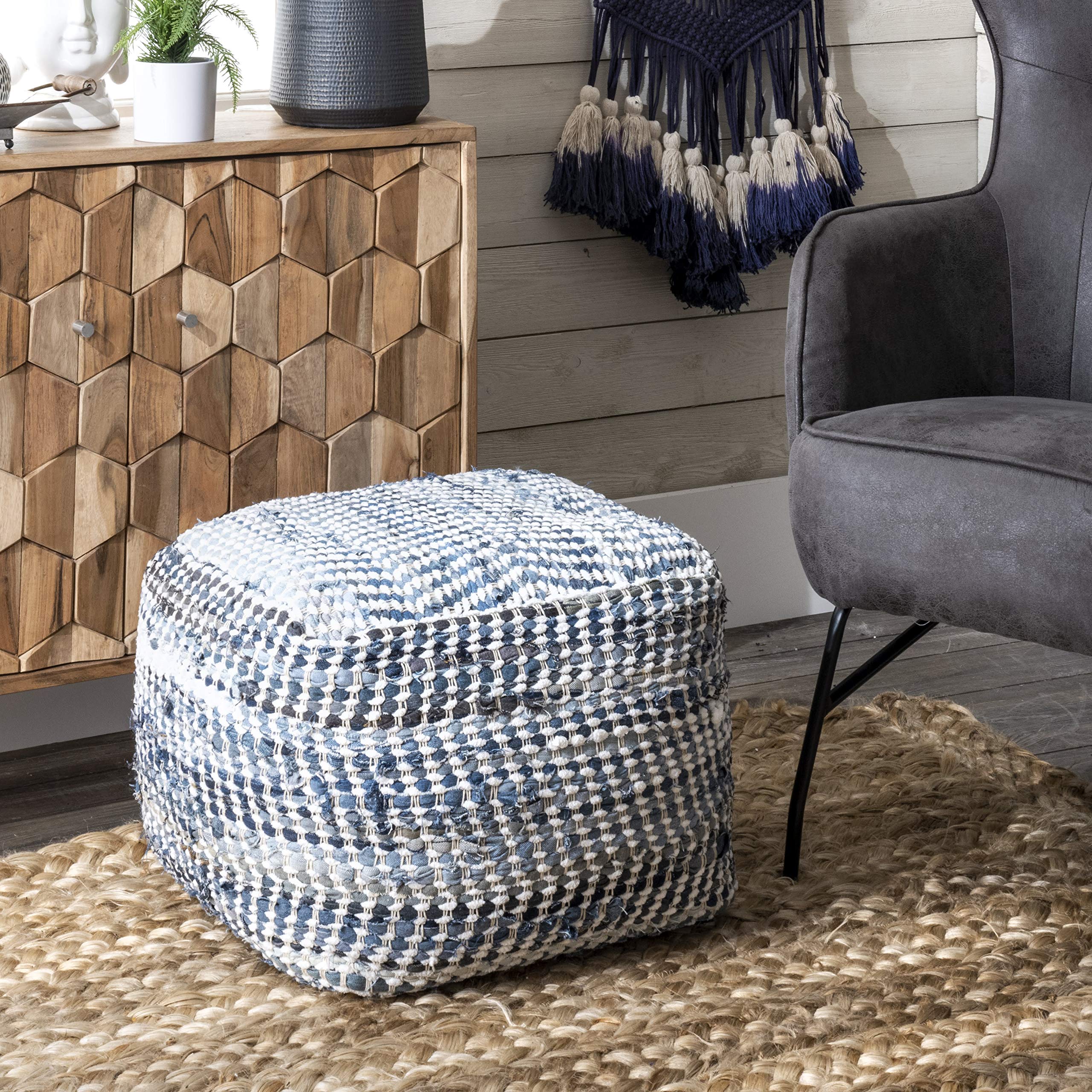 Handmade Denim Textured Filled Ottoman Pouf