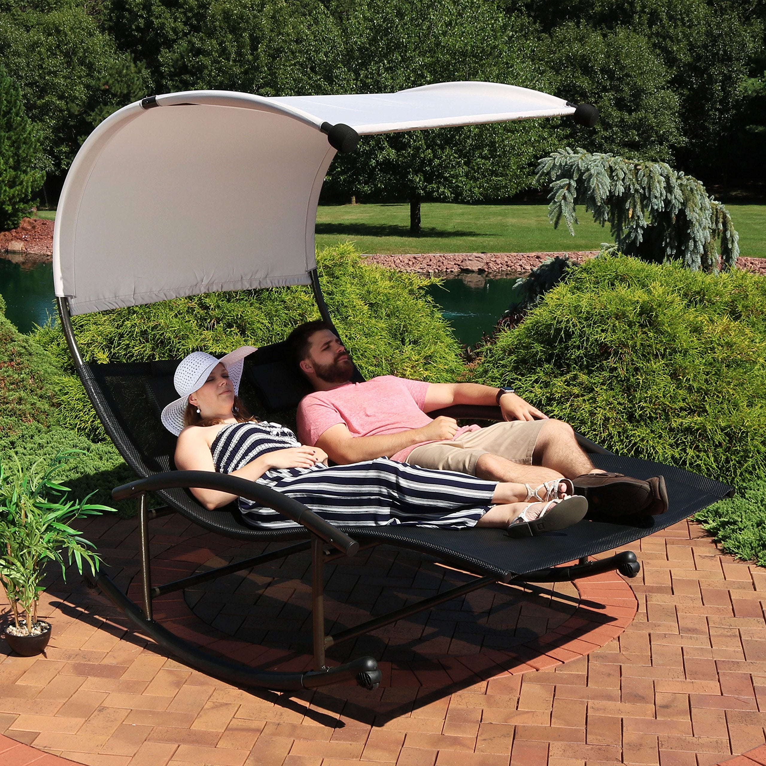 Outdoor Double Chaise Rocking Lounge Chair with Canopy