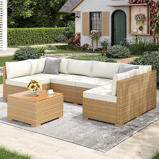 3 Piece Wicker Patio Furniture Set with L-Shaped Sofa