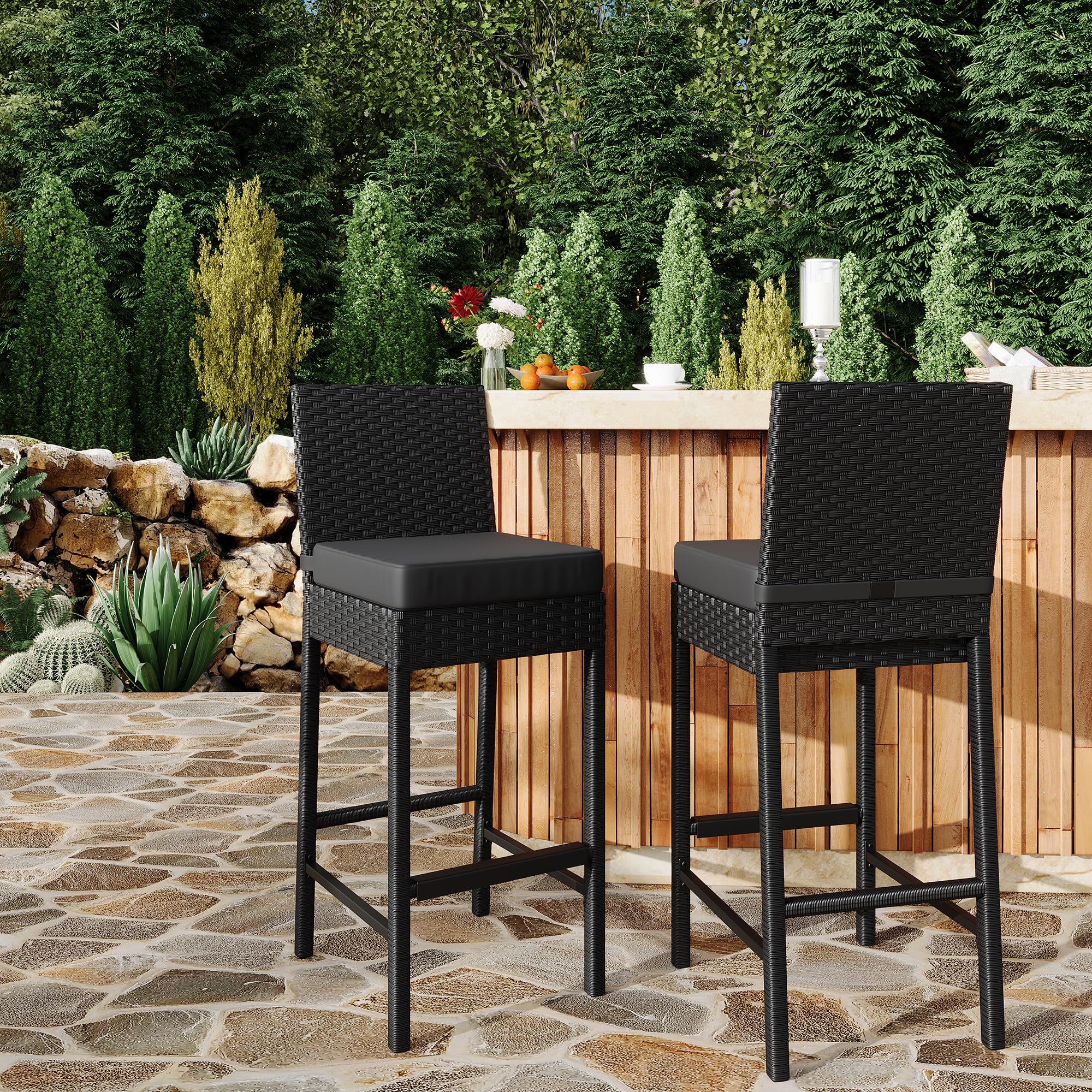 Outdoor Wicker Bar Stools Set of 2 with Cushions