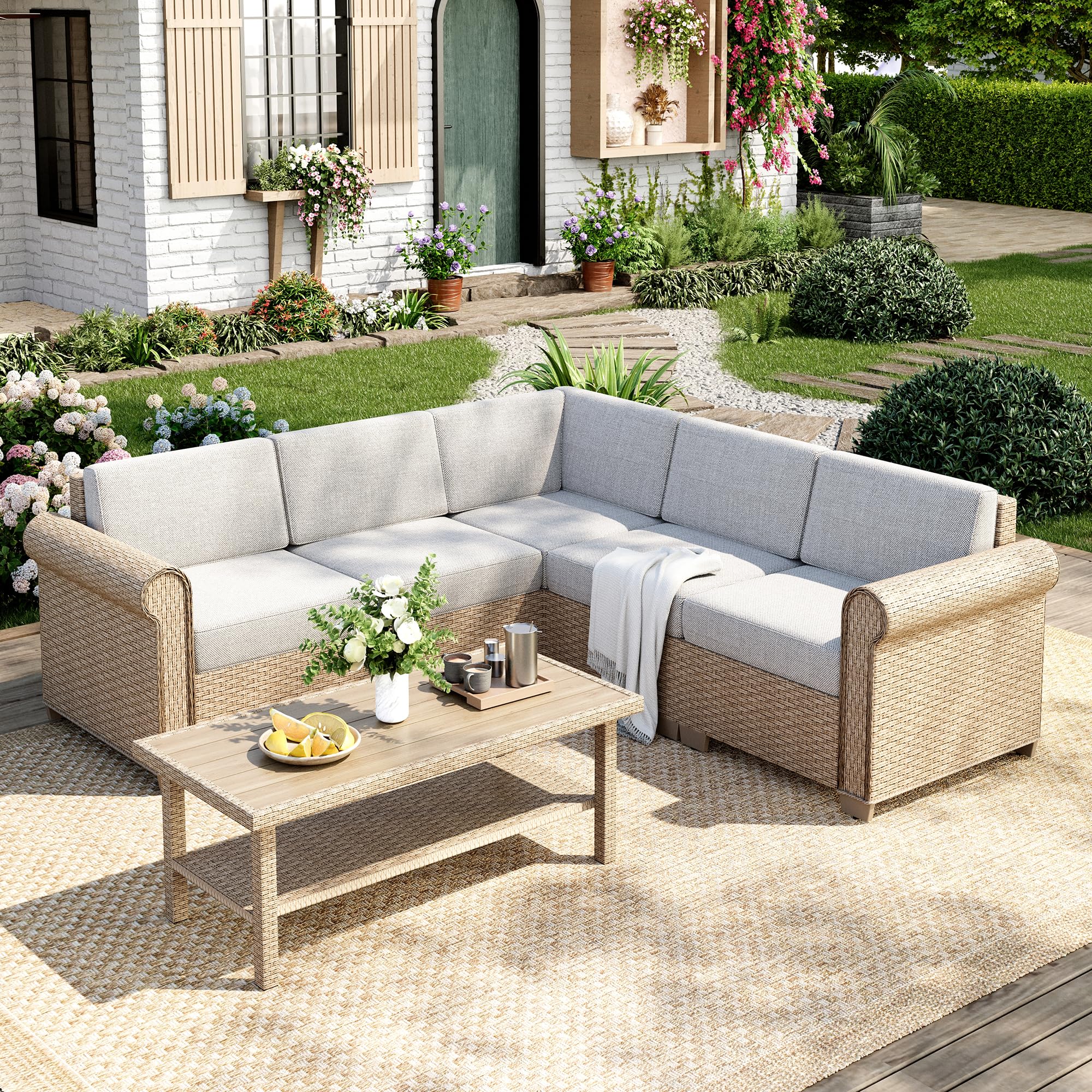 6 Piece Outdoor Rattan Wicker Sectional Conversation Set with Coffee Table