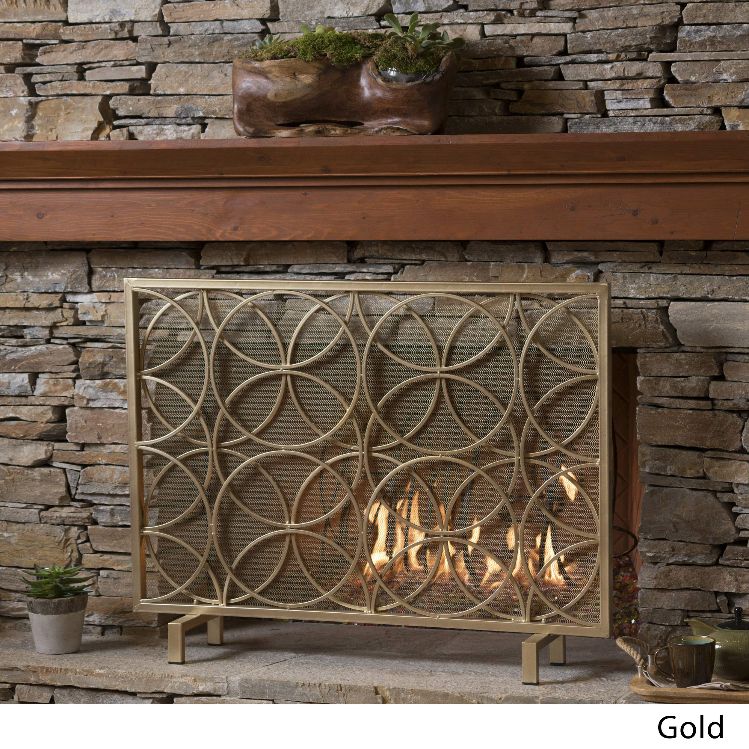 Single Panel Iron Fireplace Screen Gold