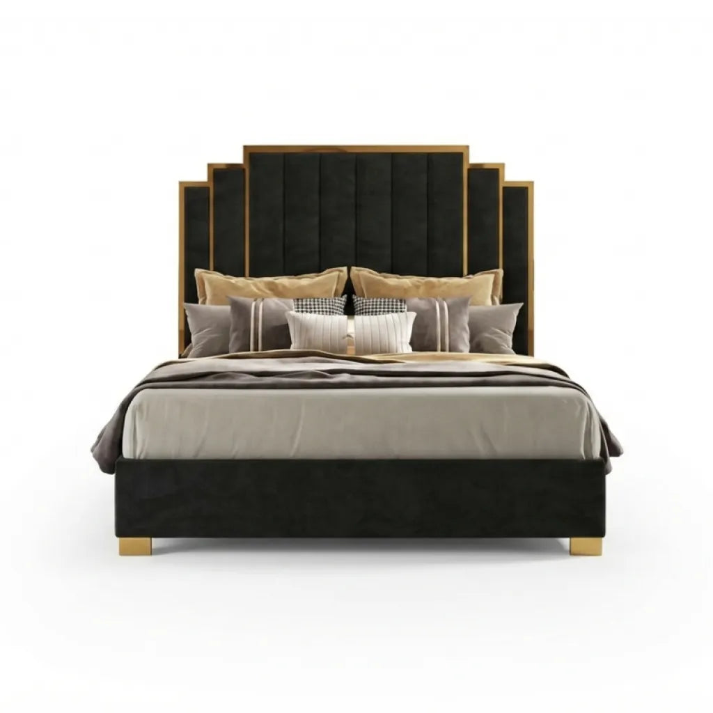 California King Upholstered Bed Frame - Velvet Platform Bed with Gold Trim Headboard