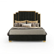 California King Upholstered Bed Frame - Velvet Platform Bed with Gold Trim Headboard