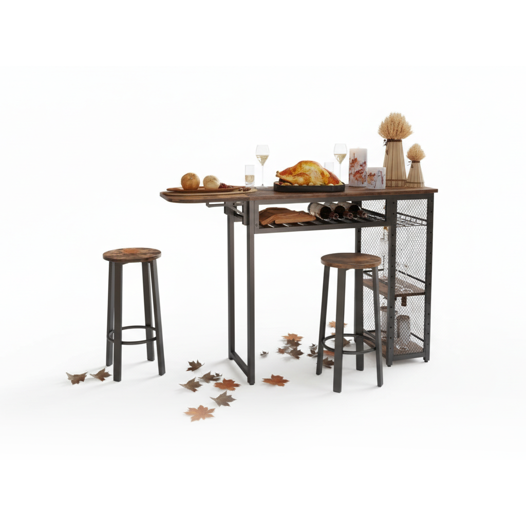 Foldable Bar Table and Chair Set with Wine Rack