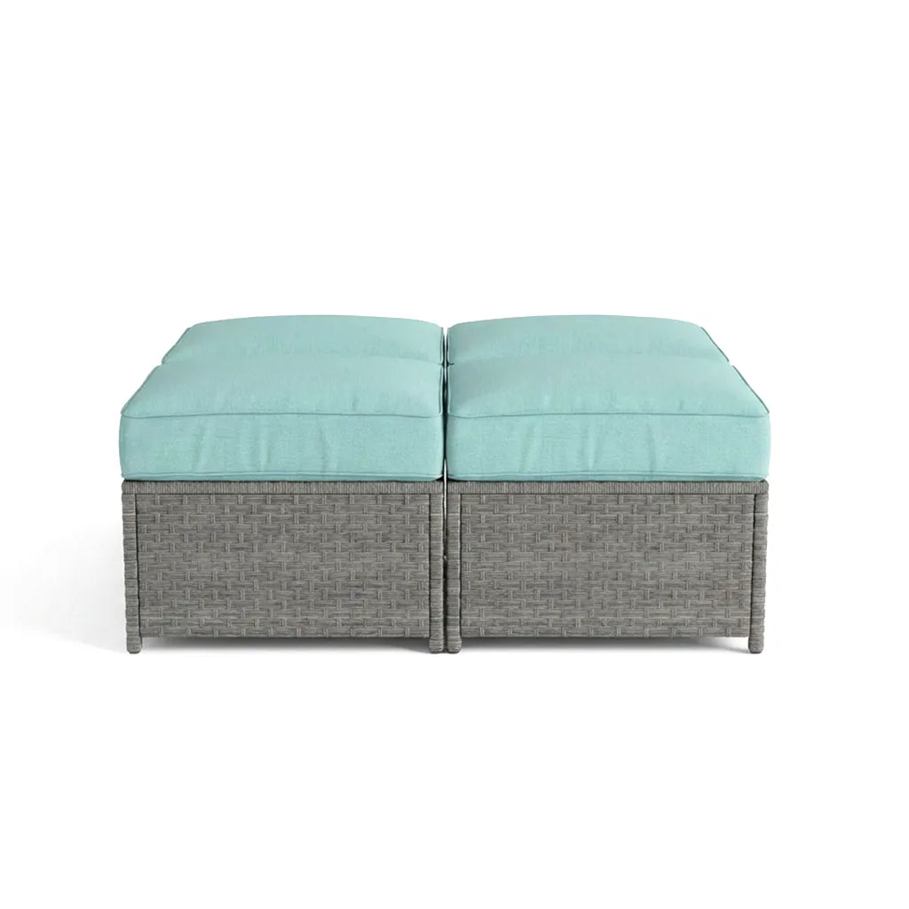 Outdoor Patio Ottoman Set of 2 - Grey Wicker Footstool with Cushions