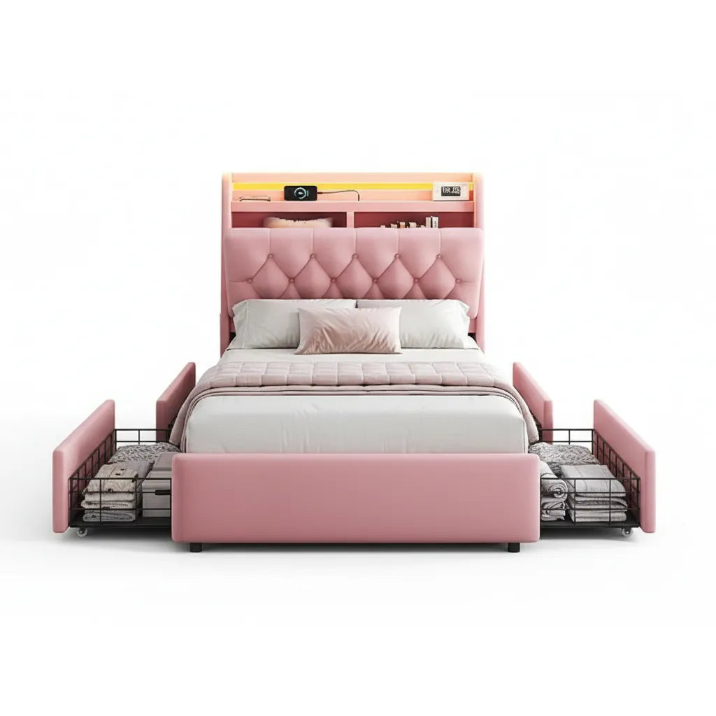 Twin LED Velvet Bed Frame with Storage Drawers and Charging Station