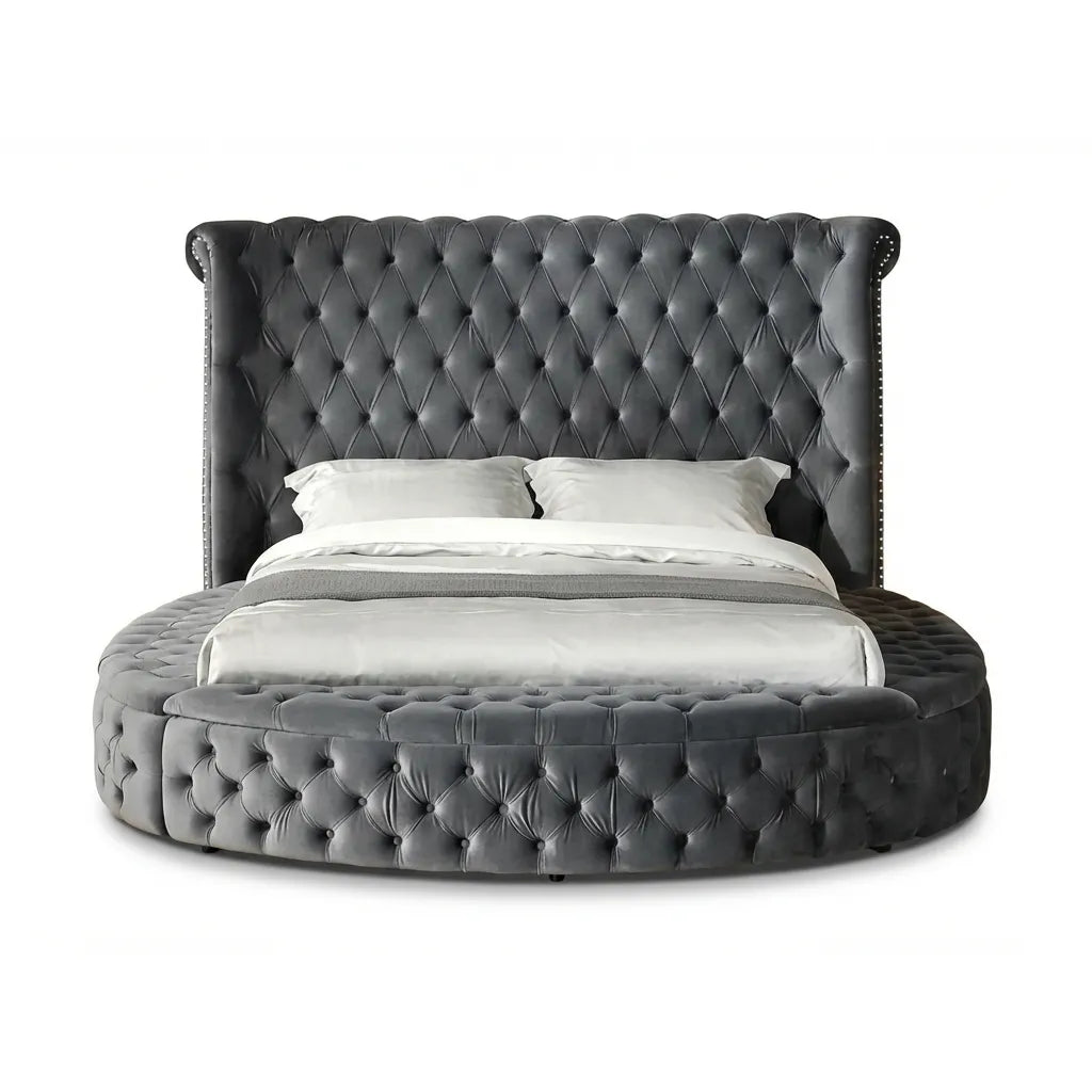 Upholstered Round Storage Bed Grey Velvet Queen