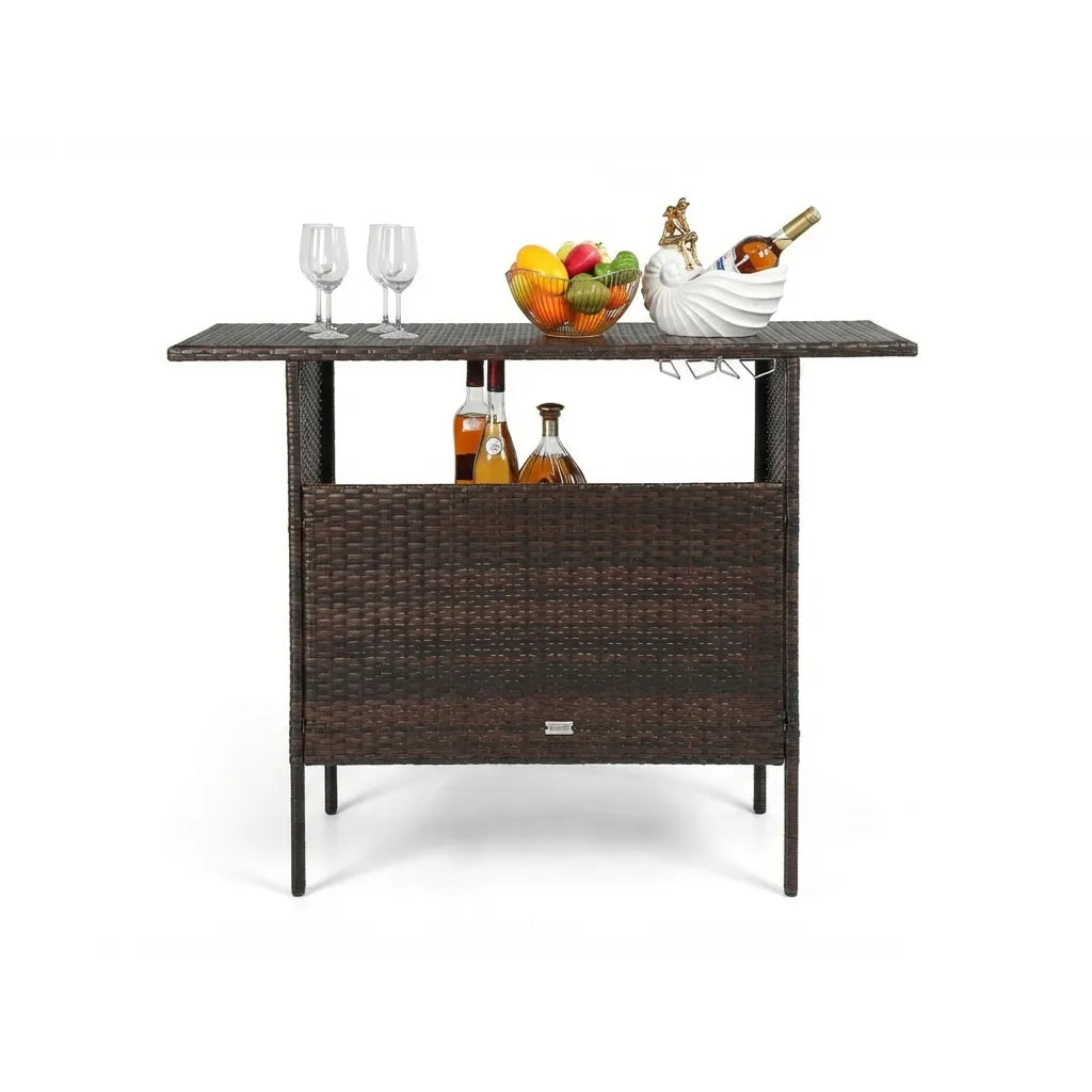 Wicker Outdoor Bar Table with Steel Shelves and Storage
