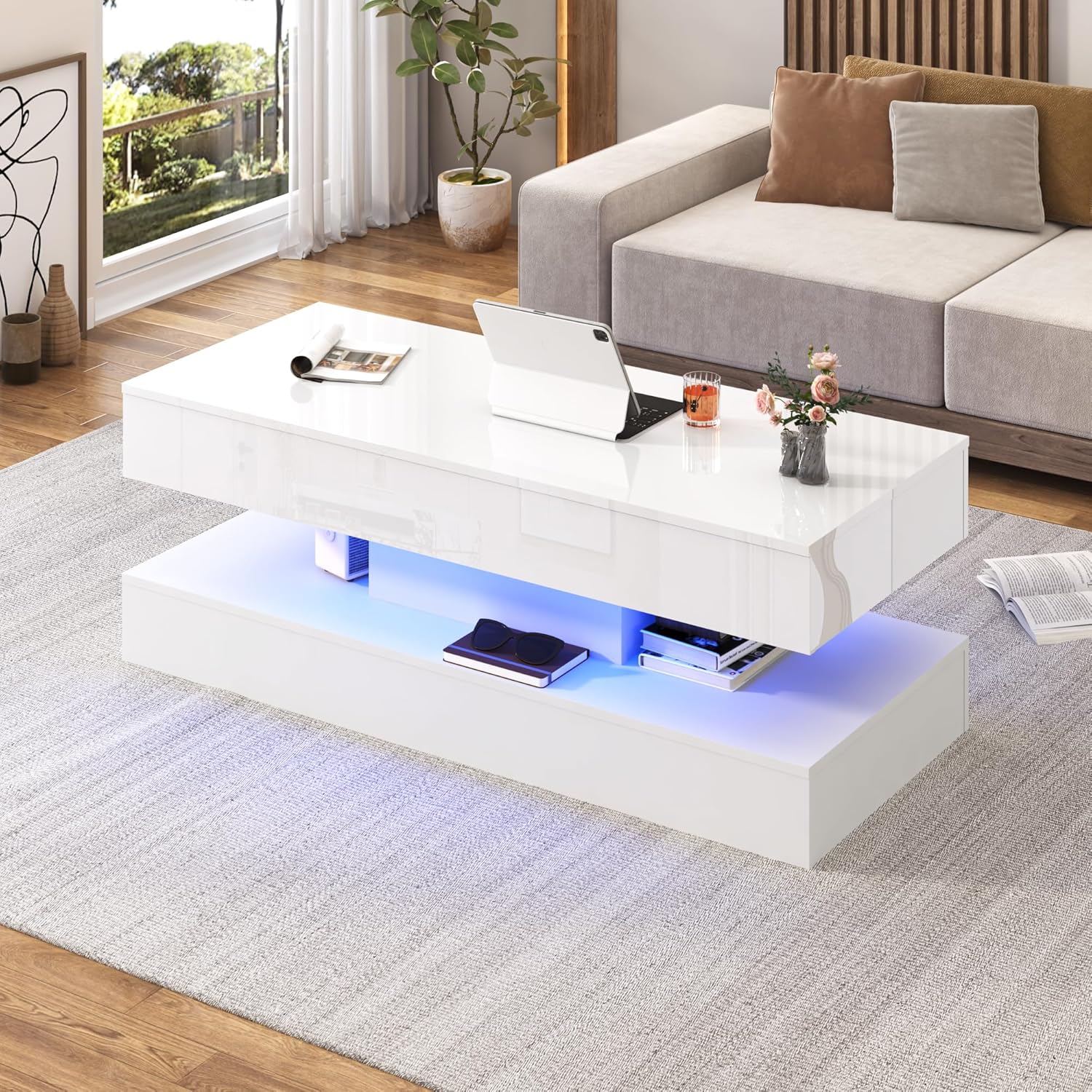 Lift Top Coffee Table with LED Lights and Storage