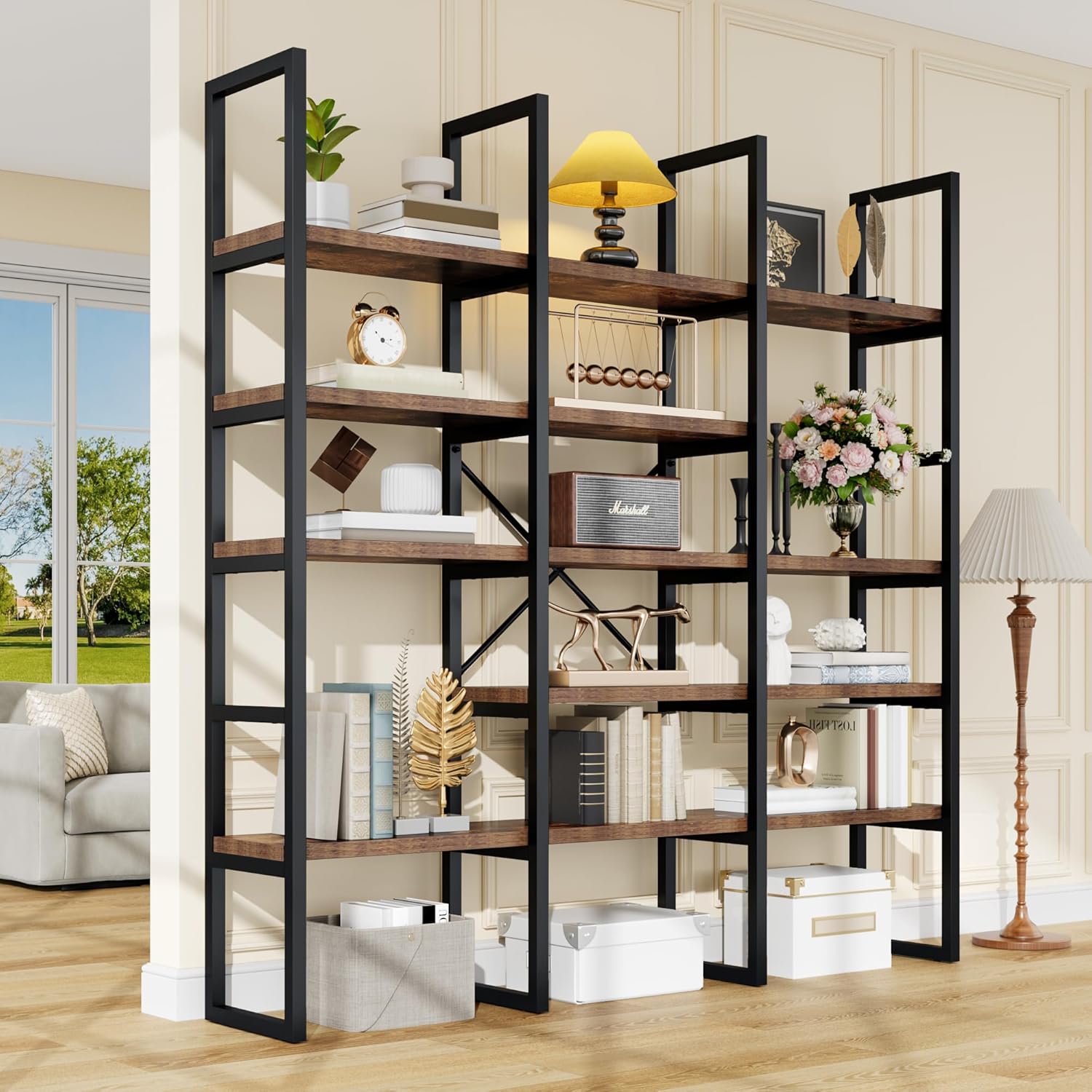 5-Tier Geometric Bookcase 71 Inches Tall Gold and White