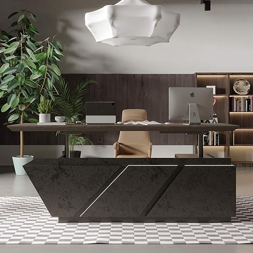 Adjustable Executive L-Shaped Desk with Drawers and LED Light